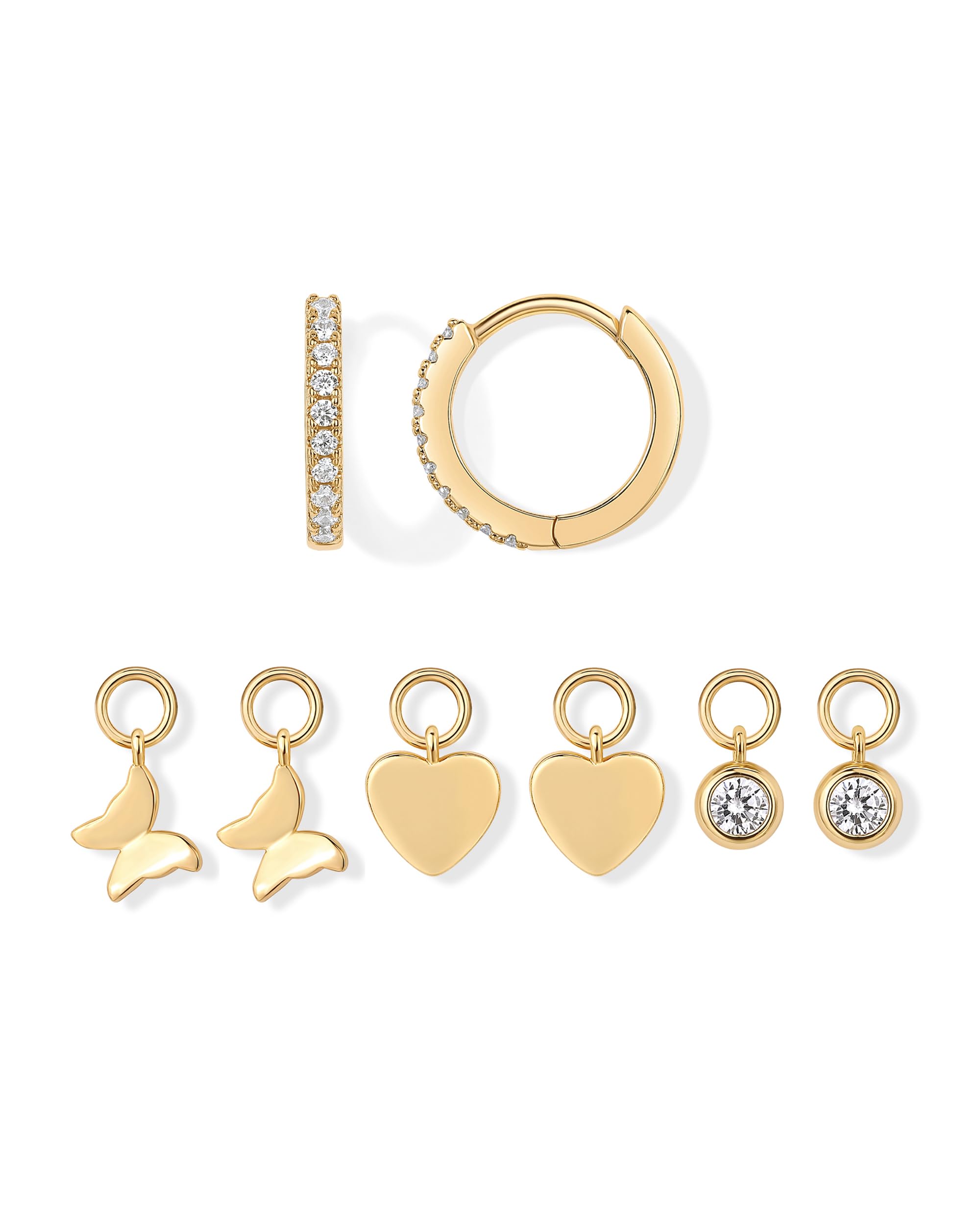 PAVOI 14K Gold Plated Huggie Earring Charms for Women - Mix and Match Huggie Hoop Earrings with Charms Pack - Dangle Dainty Motif Set with Cubic