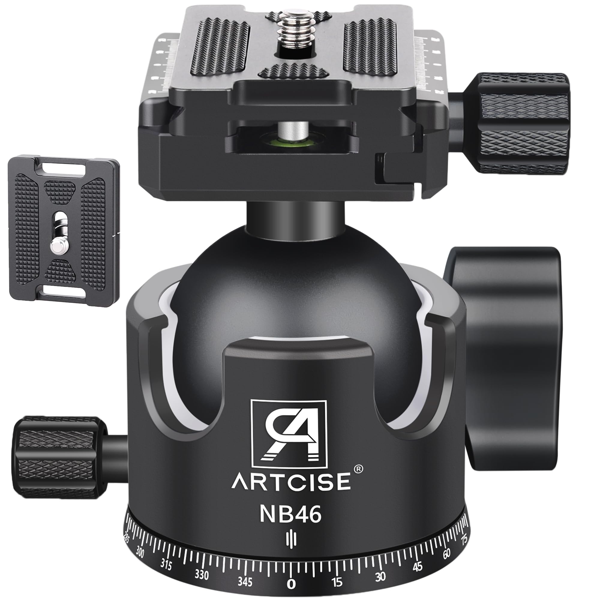 ARTCISE NB46 - Testa a sfera a basso profilo, 46 mm, resistente, con lavorazione CNC, con tre piastre a sgancio rapido da 1/4", per treppiedi, monopiede, DSLR, videocamera, carico massimo 25 kg