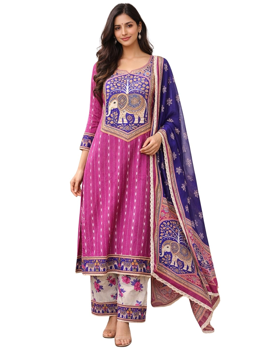 v4m Women Pink & Purple Pure Cotton Handloom Dobby Weave Kurta Set with Printed Yoke & Printed Dupatta with Lace Border-picture-42