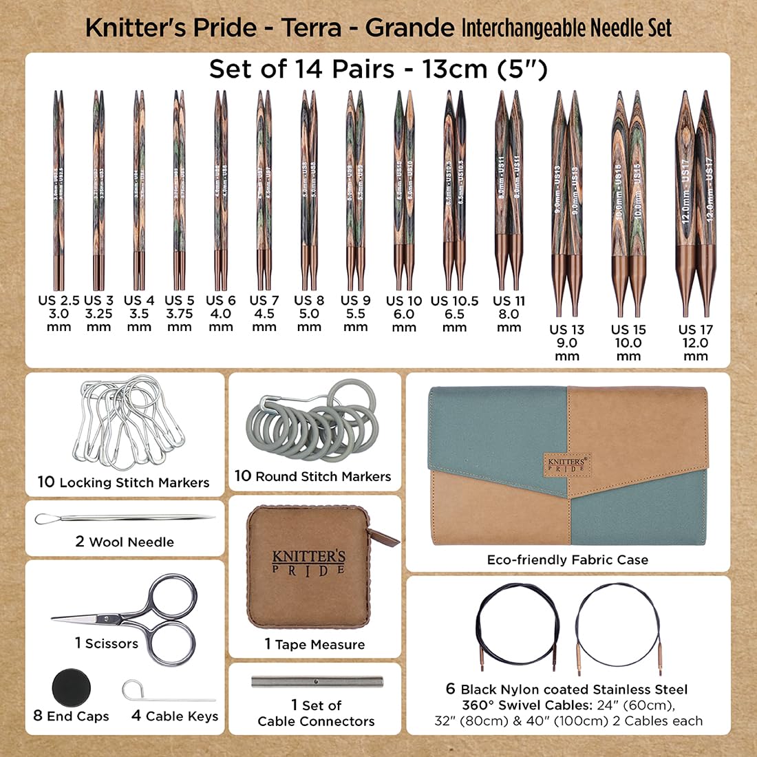 Knitter’s Pride Terra Grande Nadelsystem 13 cm – 14 Größen 3 mm bis 12 mm