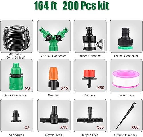 Miniatura 7 de Sistema de riego automático de jardín de 164 pies, paquete de 200 unidades, kit de riego por goteo de 14 pulgadas, tubo de distribución en blanco,