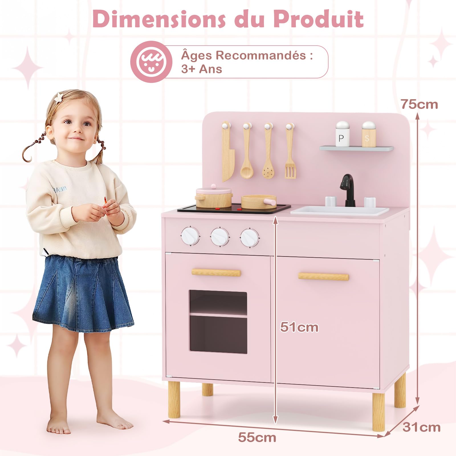 COSTWAY Cuisine Enfant en Bois avec Lumière & Son & 10 Accessoires, Jeu de Cuisine Enfant avec Évier Amovible & Poêles Double, Espace de Rangement, Jeu de Rôle pour Enfant de 3 Ans+ (Rose)
