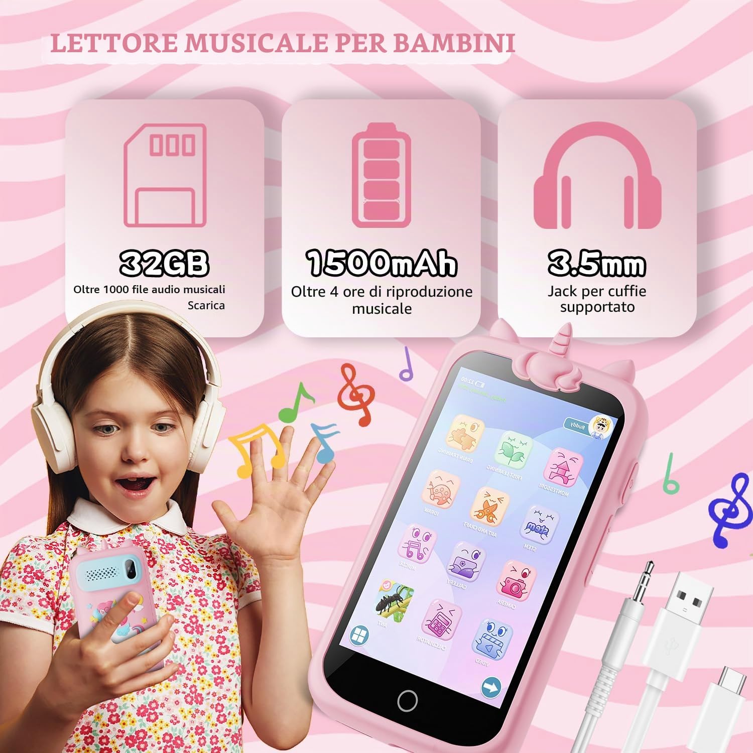 Telefono Giocattolo per ragazze, 3.97 "Touchscreen Smartphone Bambini Natale regali di compleanno per ragazze età 3-12, lettore di musica MP3 con doppia fotocamera Telefonino per Bambini
