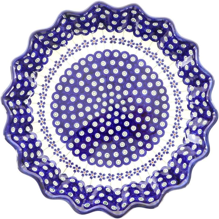 Polmedia Polish Pottery Fluted Pie Dish - Flowering Peacock Pattern Handmade in Boleslawiec Poland + Certificate of Authenticity