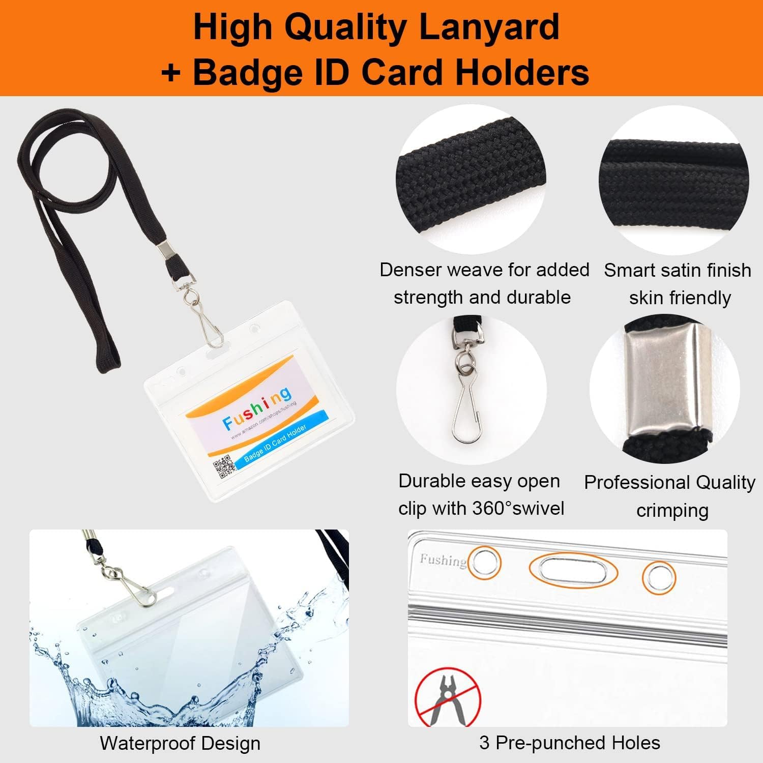 Fushing Clear Plastic Horizontal Name Tags Badge ID Card Holders and Flat Neck Lanyards with Swivel Hook (50) - Image 3