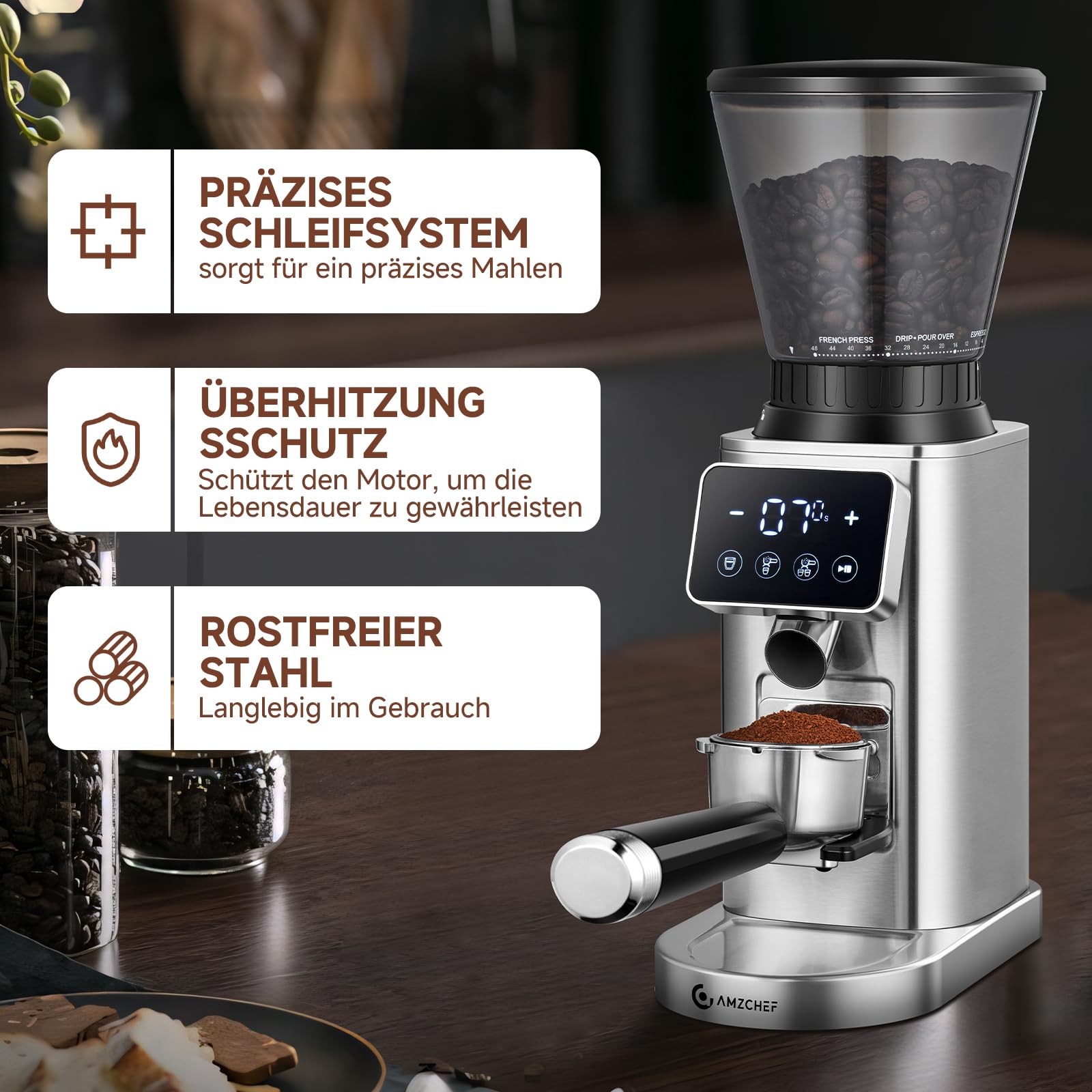 AMZCHEF Kaffeemühle Elektrisch mit 48 Mahlgraden, Antistatik-System, Touchpanel，300g Bohnenbehälter, Edelstahlgehäuse, Kegelmahlwerk für Espresso, Filterkaffee