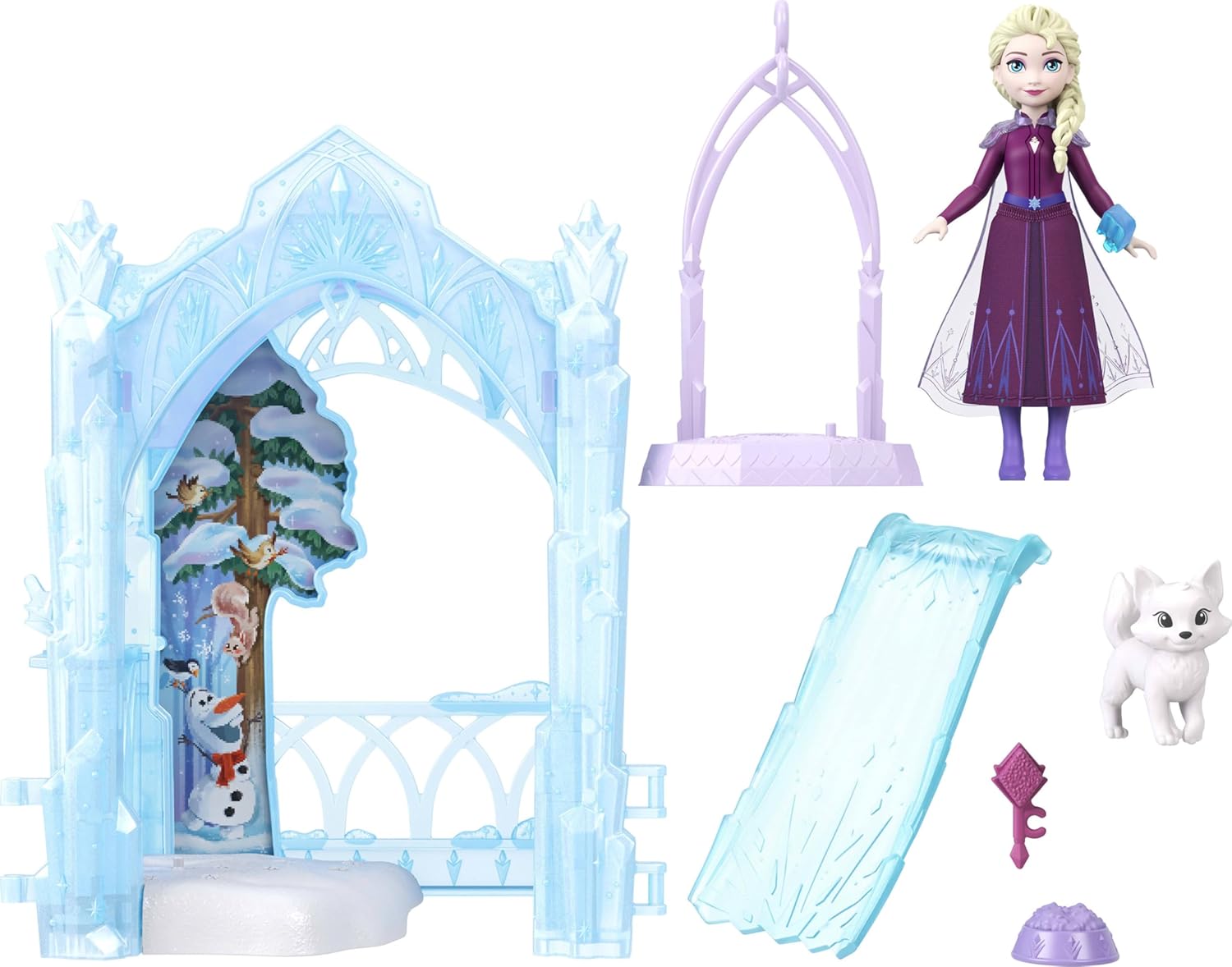 Mattel Disney Frozen Elsa Small Doll & Winter Animal Playset with Fox and Bird Figures, Slide & Accessories, Storytime Stackers ICY Animal Hideaway