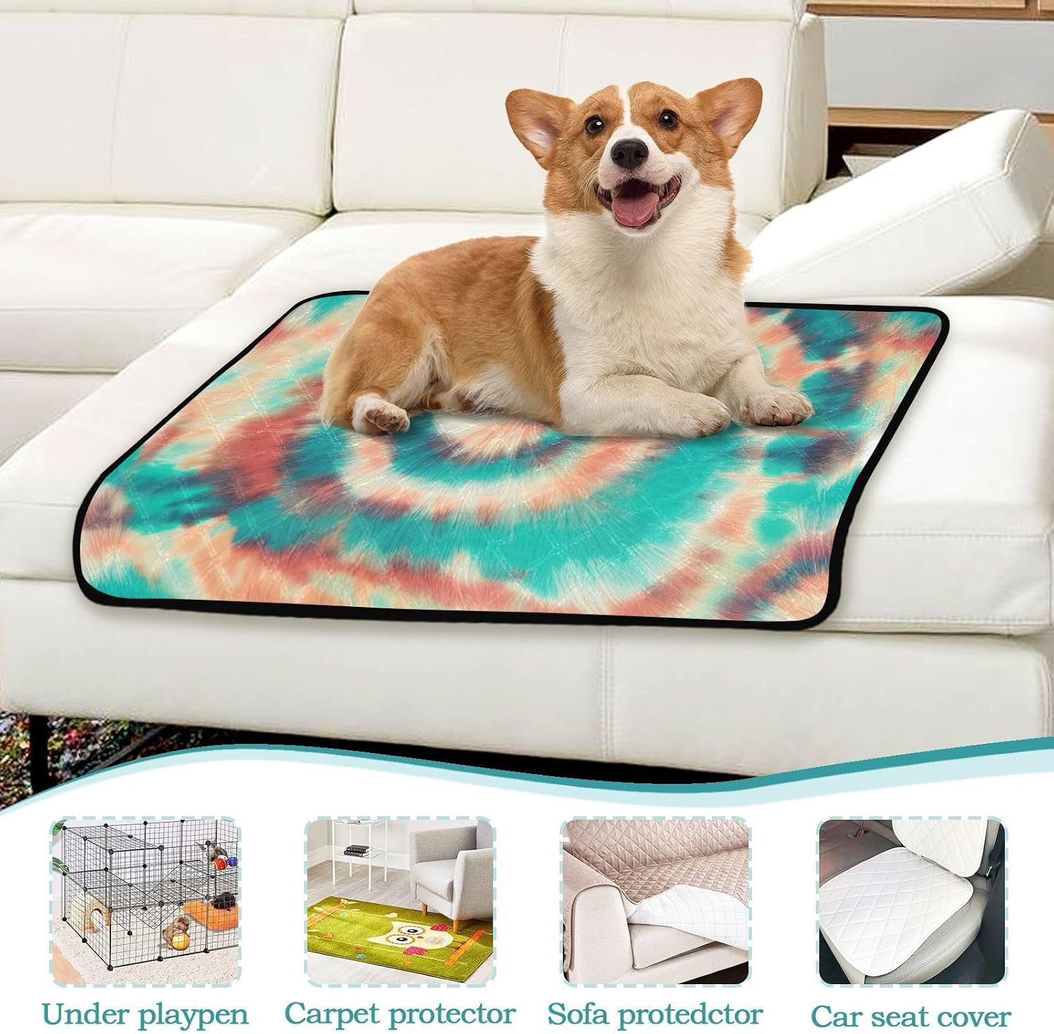 Tie Dye Teal Orange Pet Dog Pee Pads Washable Waterproof Mat for Dog Crate Wee Wee Pad for Pet Cat Leak Proof Potty Pads for Dogs, Medium + Large, Set of 2
