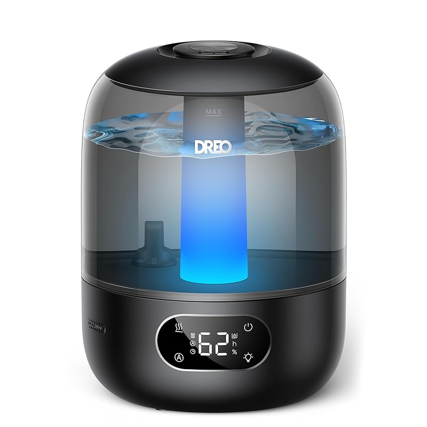 Dreo 3L Umidificatore Ambiente Bambini Silenzioso 26dB, Ultrasuoni Nebbia Fresca, Ugello 360°, 30h Autonomia, Diffusore Oli Essenziali, Luce Ambientale, per Casa e Piante, Nero