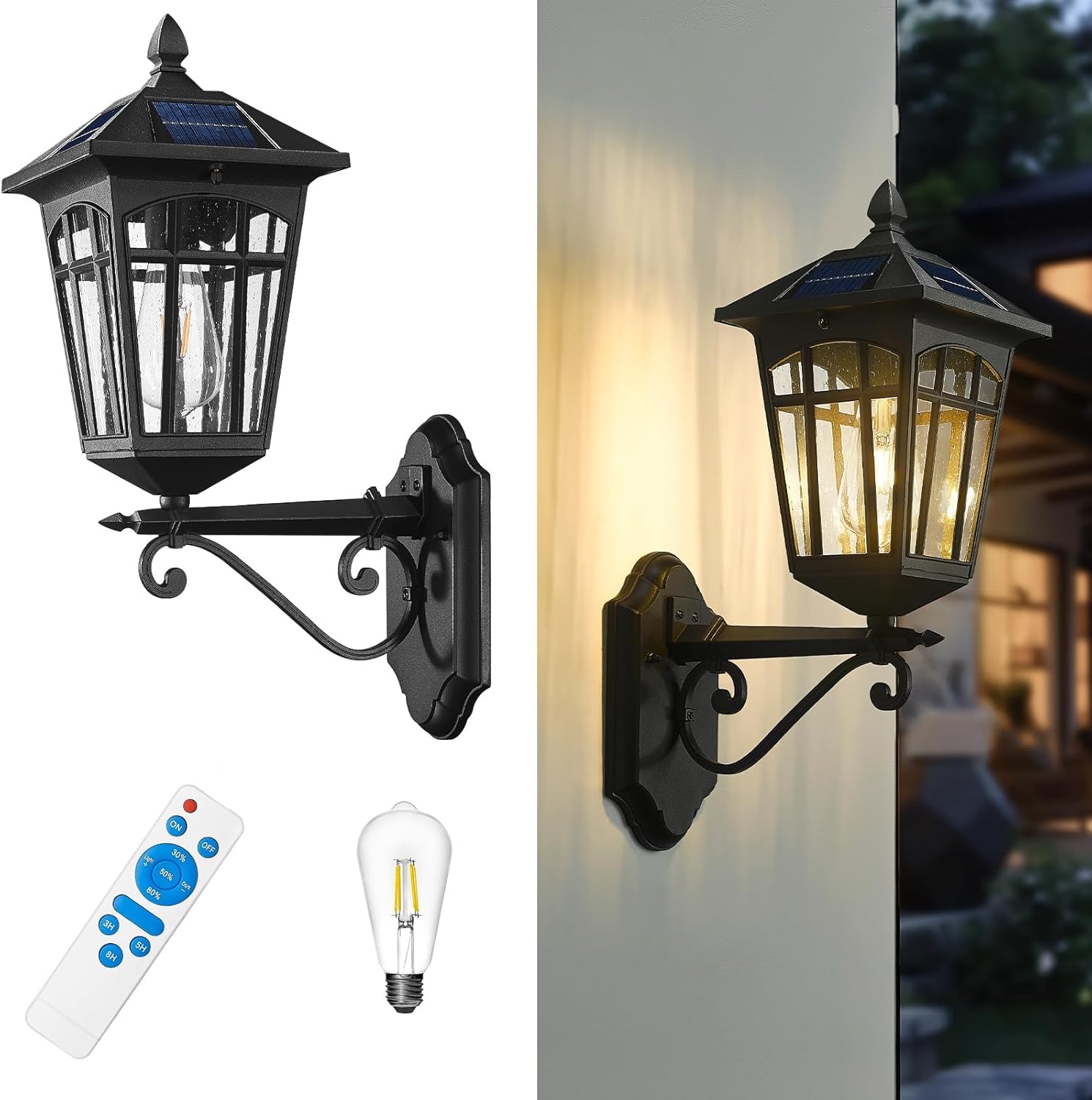 zeyu Outdoor Solar Wall Lantern, 20 Inch Exterior Solar Porch Light with Remote, Die-Cast Aluminum with Seeded Glass Shade, Black Finish, ZYX113B SL BK Solar Wall Light - 20''