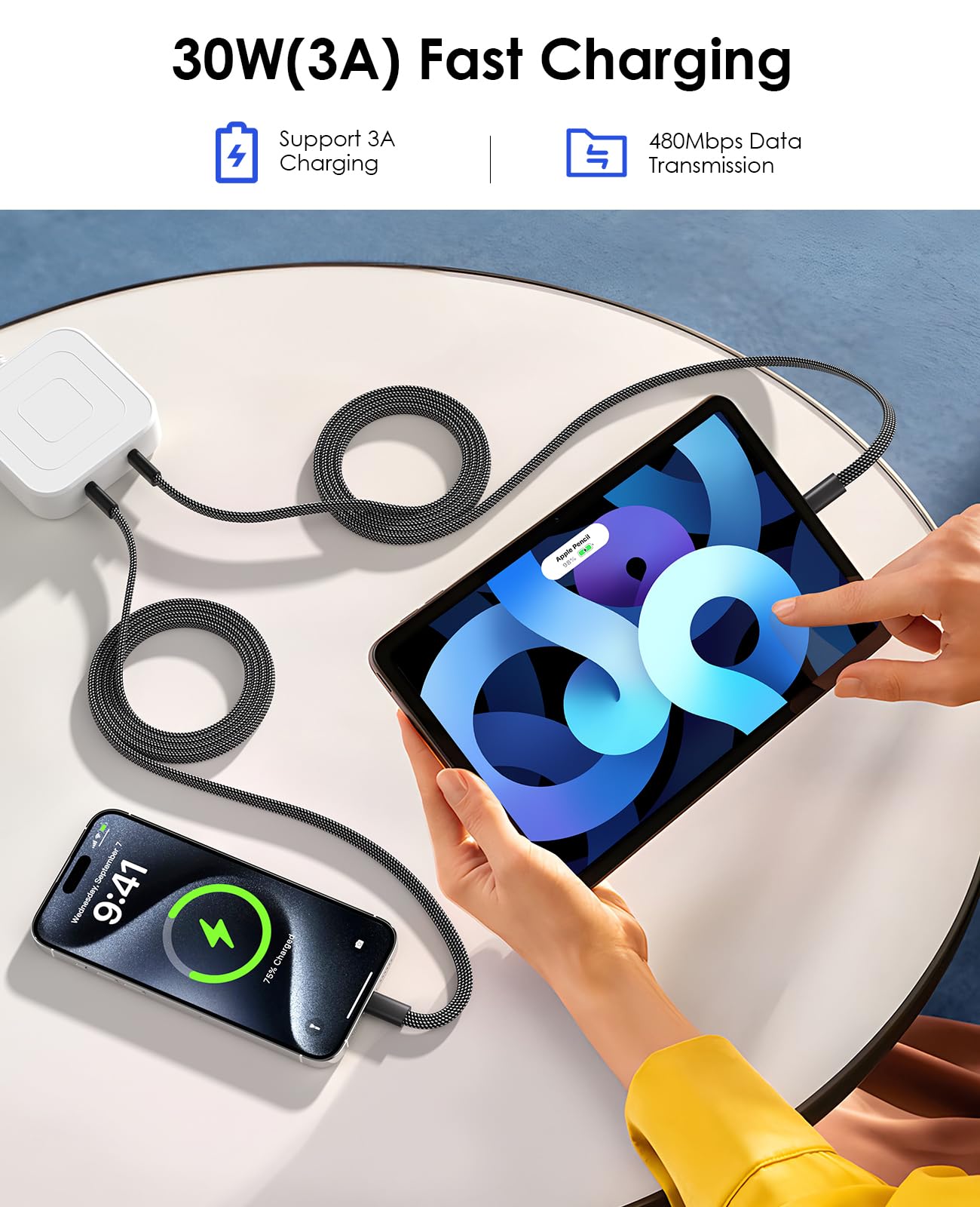 Magtame Cavo USB A a USB C, cavo di ricarica magnetico piatto, cavo USB C, cavo retrattile da 1 m, cavo USB C flessibile, compatibile con Phone 15 Pro Max, Samsung, Pad, nero