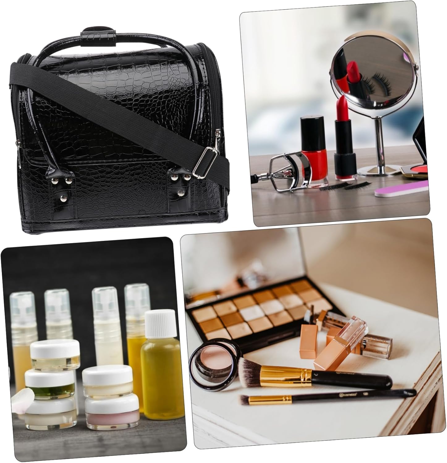 balacoo Professional Pu Leather Makeup Case with Shoulder Strap Rolling Cosmetic Organizer for Travel Capacity with Compartments Chic Black Design