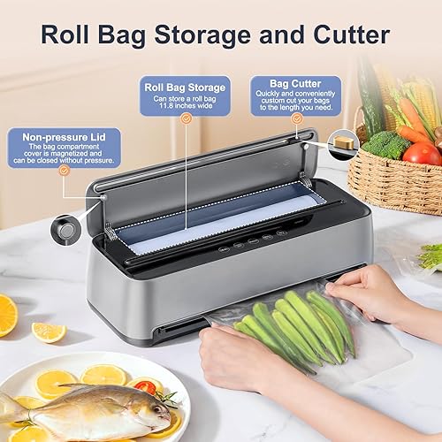 Miniatura 4 de Máquina selladora al vacío de 85 Kpa para alimentos, sellador de alimentos completamente automático 8 en 1 con cortador integrado y almacenamiento