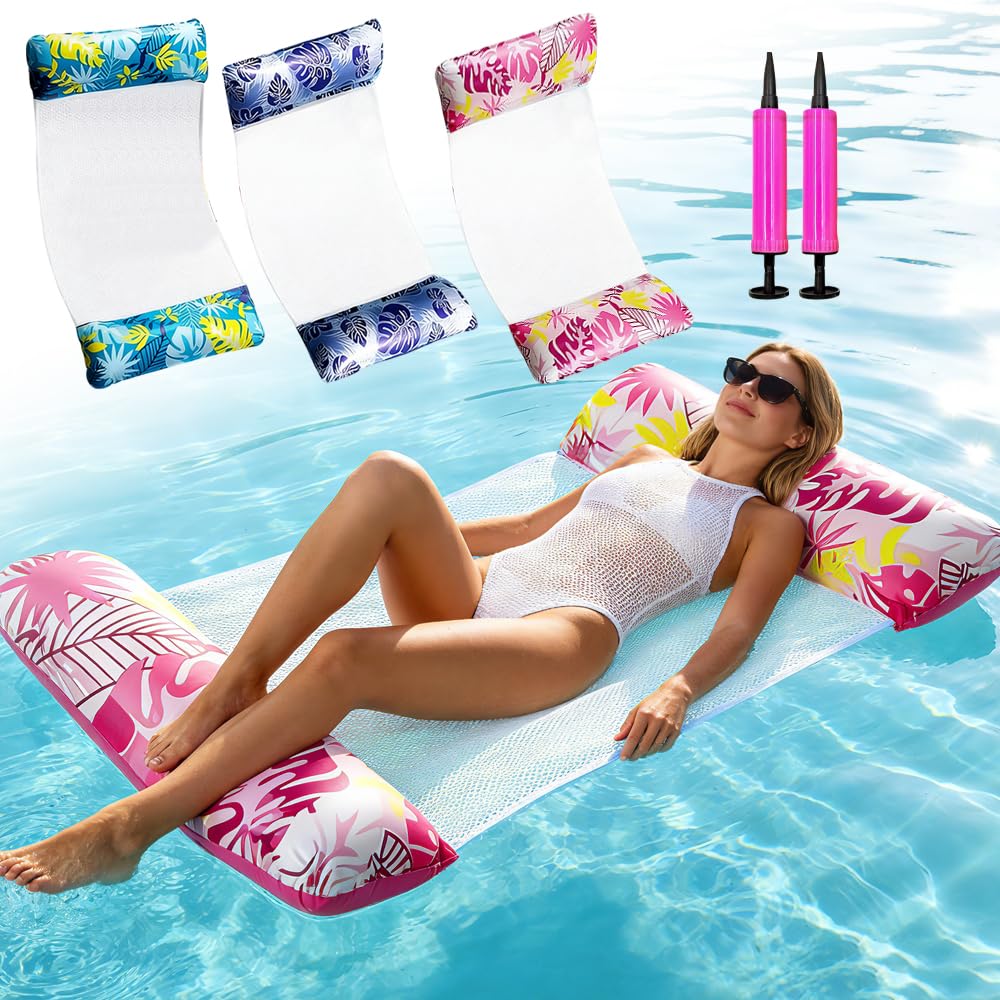 3PCS Pool Inflatables, Swimming Pool Float Hammock, 4-in-1 Pool Floats Adults, Inflatable Pool Toys, 2 Air Pumps, Cool Mesh, Water Floats Lounger Chair Hammock Seat for Swimming Pool, Beach