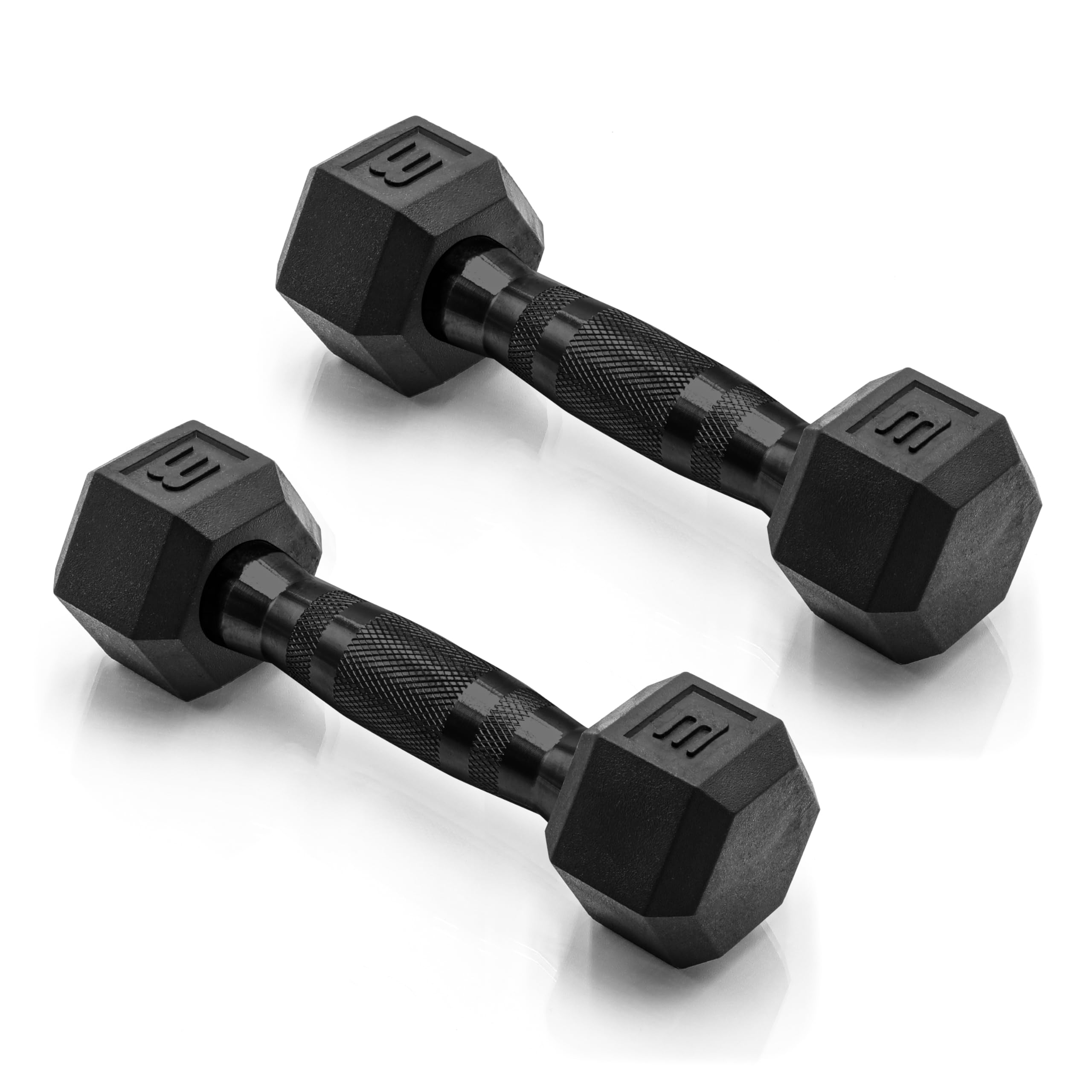 CAP Rubber Coated Dumbbell Weights, Free Weights for Home Gym Strength Training, Anti-Roll Hex Dumbbells with Black, Chrome &amp; Comfort Grip Handles, Pairs &amp; Sets