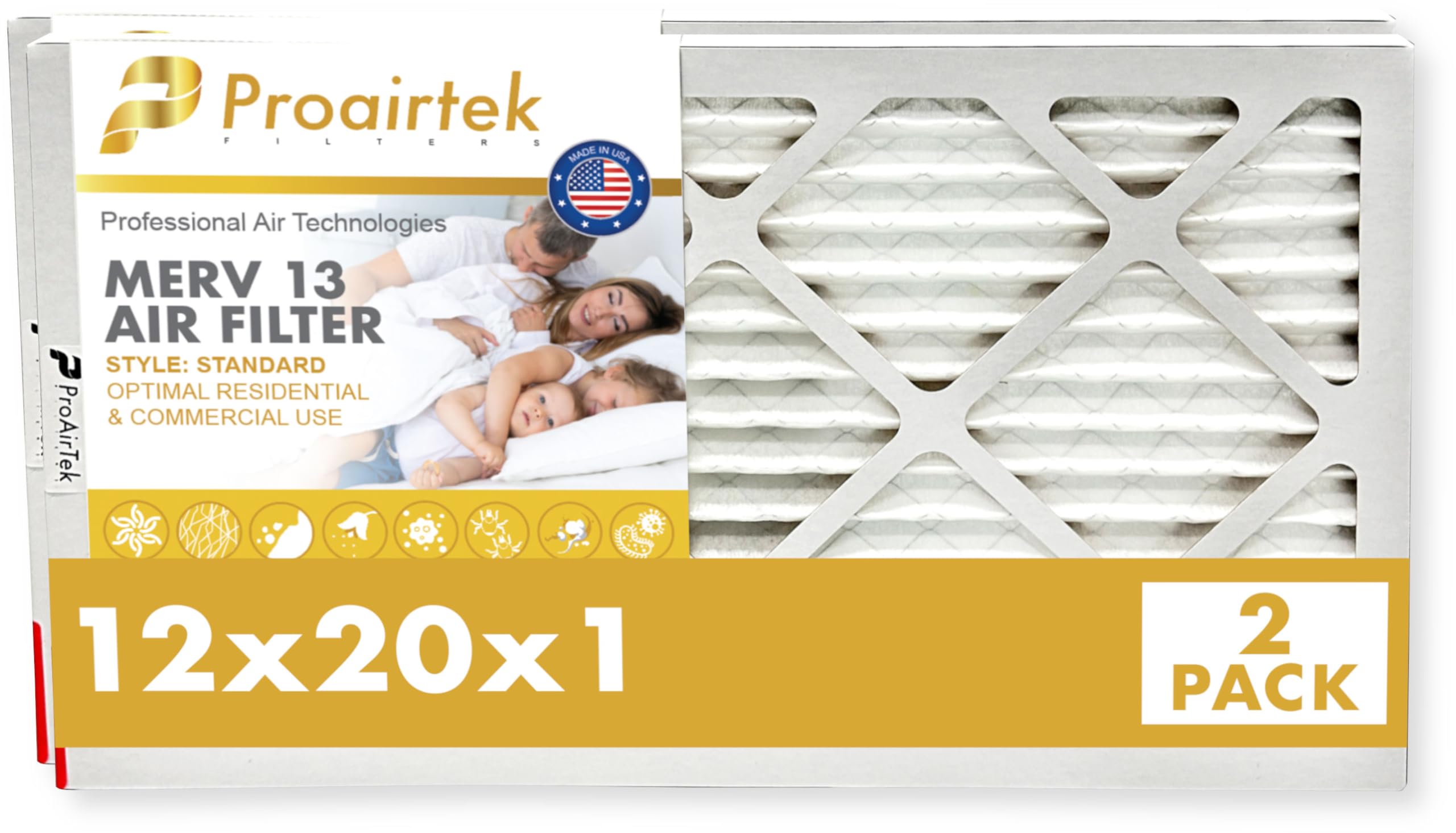 Proairtek AF12201M13SWH Model 12x20x1 Pack of 2 Air Filters, MERV 13; Ideal for Anyone Wanting Clean, Crisp Air in Their Home; It Captures Microscopic Airborne Particles Without Impacting Air Flow