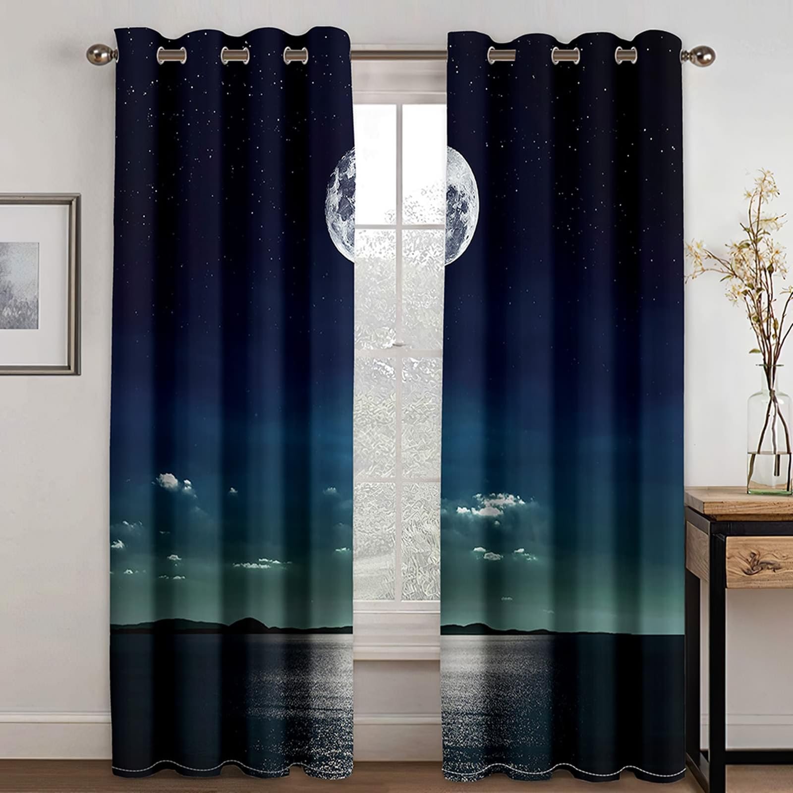 Verdunklungsvorhänge mit Ösen, 244x274cm Schwarz Marineblau Meermond Vorhang für Wohnzimmer/Schlafzimmer