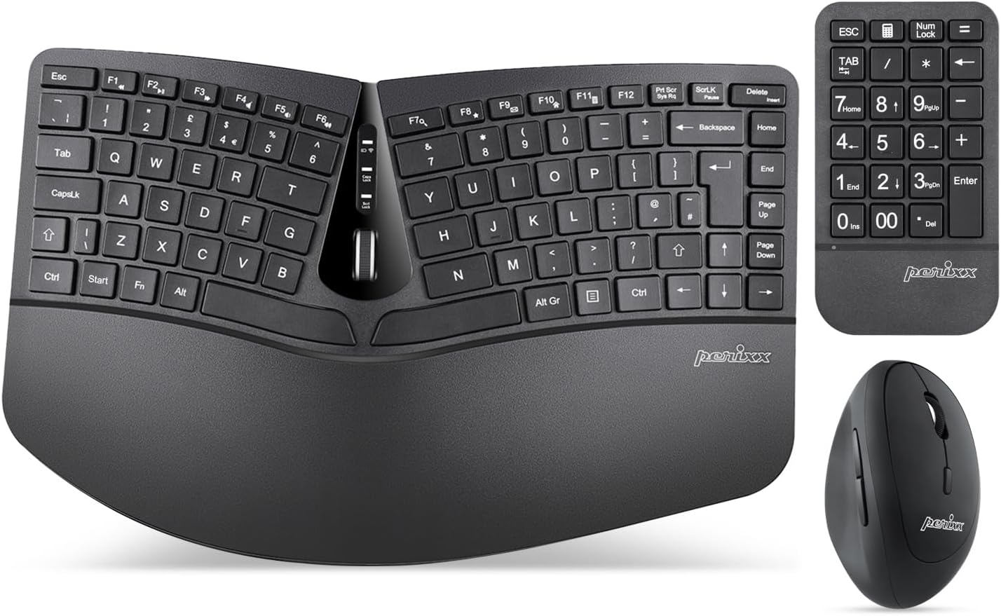 PERIDUO-606A Wireless Ergonomic Keyboard Set - Compact Split Design with Vertical Mouse and External Numeric Keypad - Adjustable Typing Angles - UK QWERTY