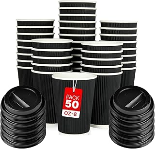 Zuvo 50 Pack Takeaway Coffee Cups with Lids | Disposable Insulated Triple Wall Ripple Kraft Paper Coffee Cups for Takeaway Coffee, Tea or hot Liquids | Pack of 50 (8 Oz.), Black