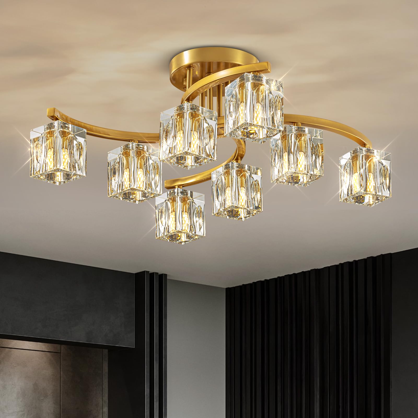 Krisosia Semi Flush Mount Ceiling Light Fixture with 8-Light, Gold Modern Sputnik Chandeleirs Crsytal Ceiling Light for Dining Room, Bedroom, Living