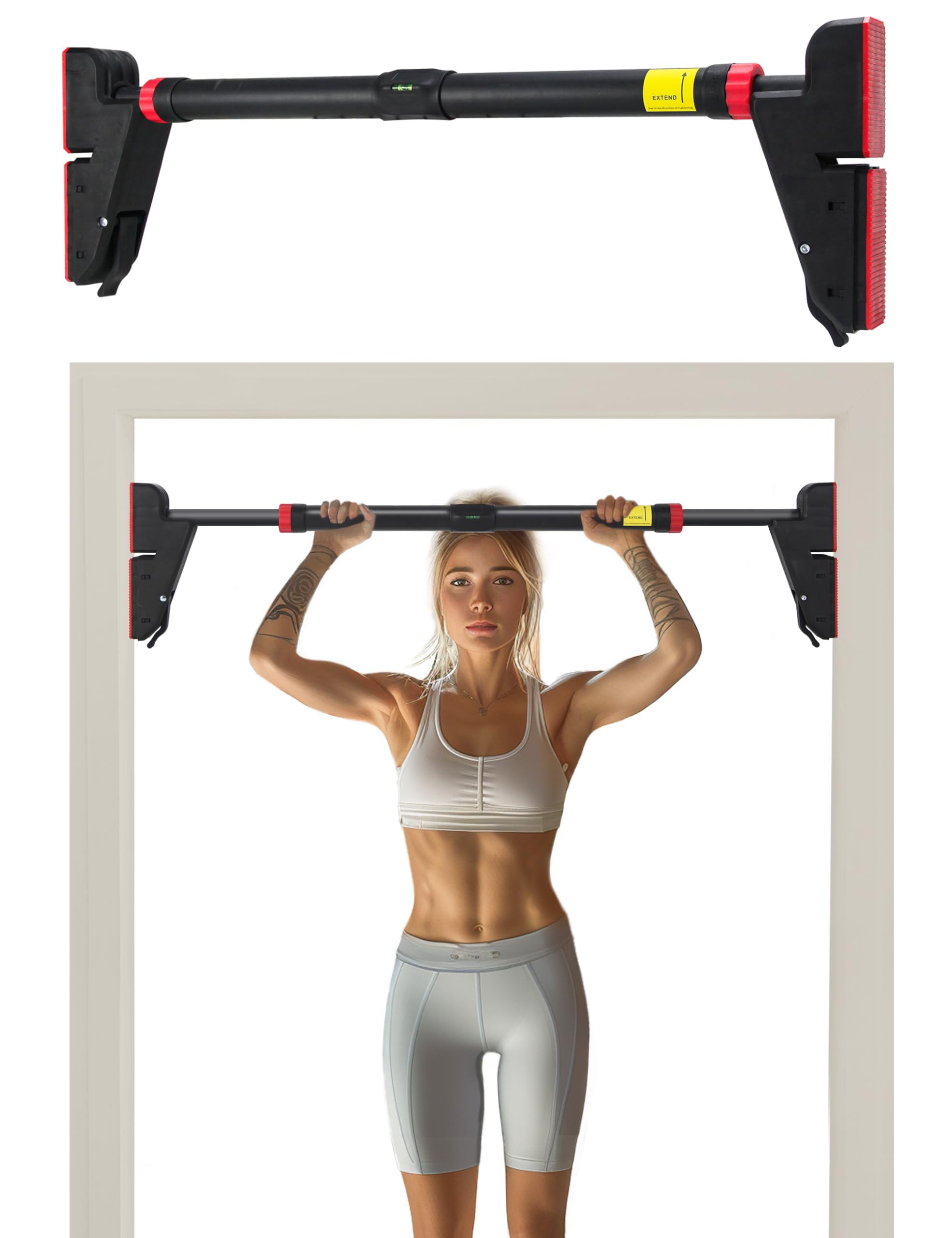 FICTOR Door Pull Up Bar Built-in Level, Drill-Free Pullup Bar, Strength Training Equipment Adjustable 30''-37'' Width with Lock Mechanism 880Lb
