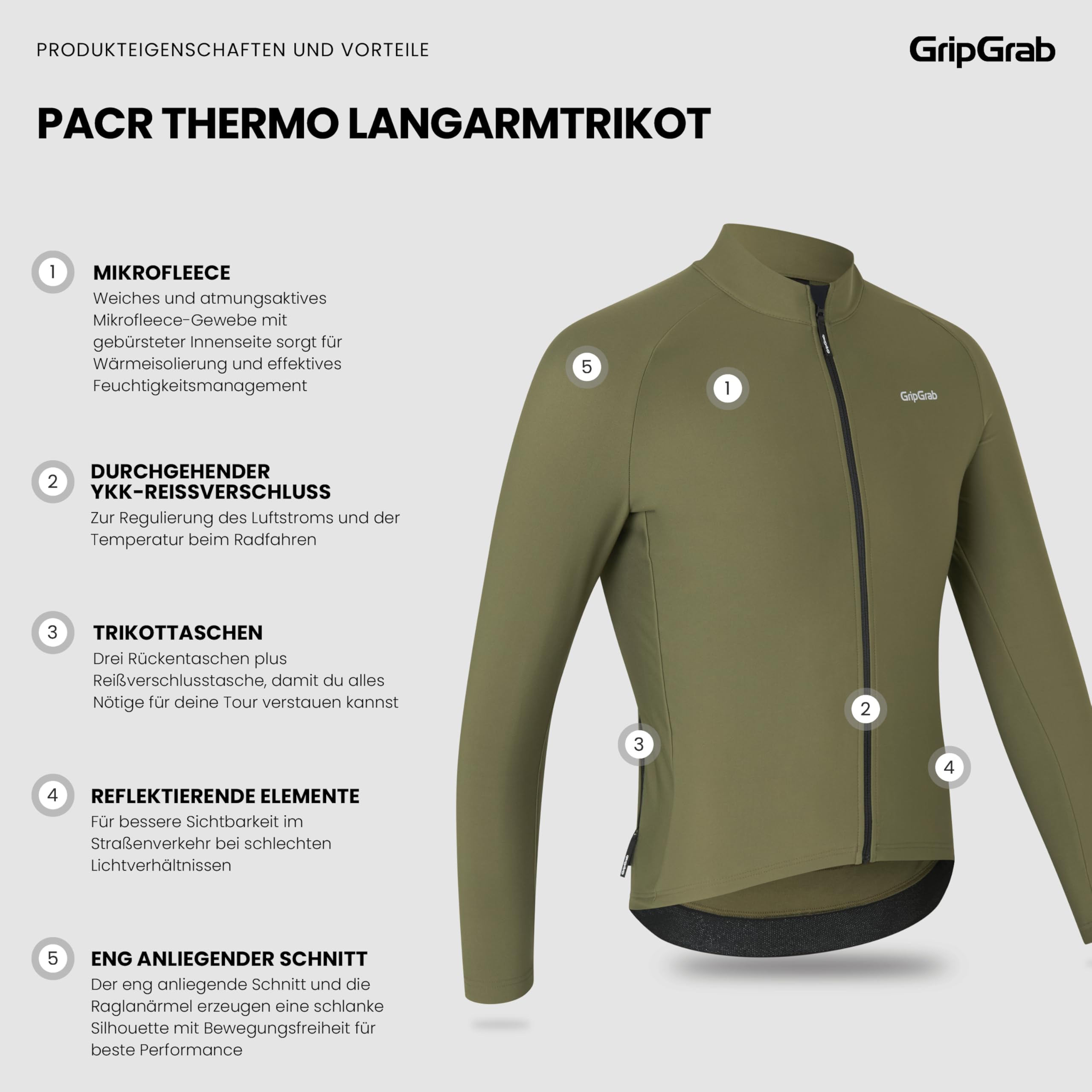 GripGrab PACR Rennrad Trikot Herren - Langarm Thermo Radtrikot - Race Fit | Schmale Passform, weiches Mikrofleece zur Isolierung, durchgehender Reißverschluss & 3 Taschen, für sportliche Sitzposition