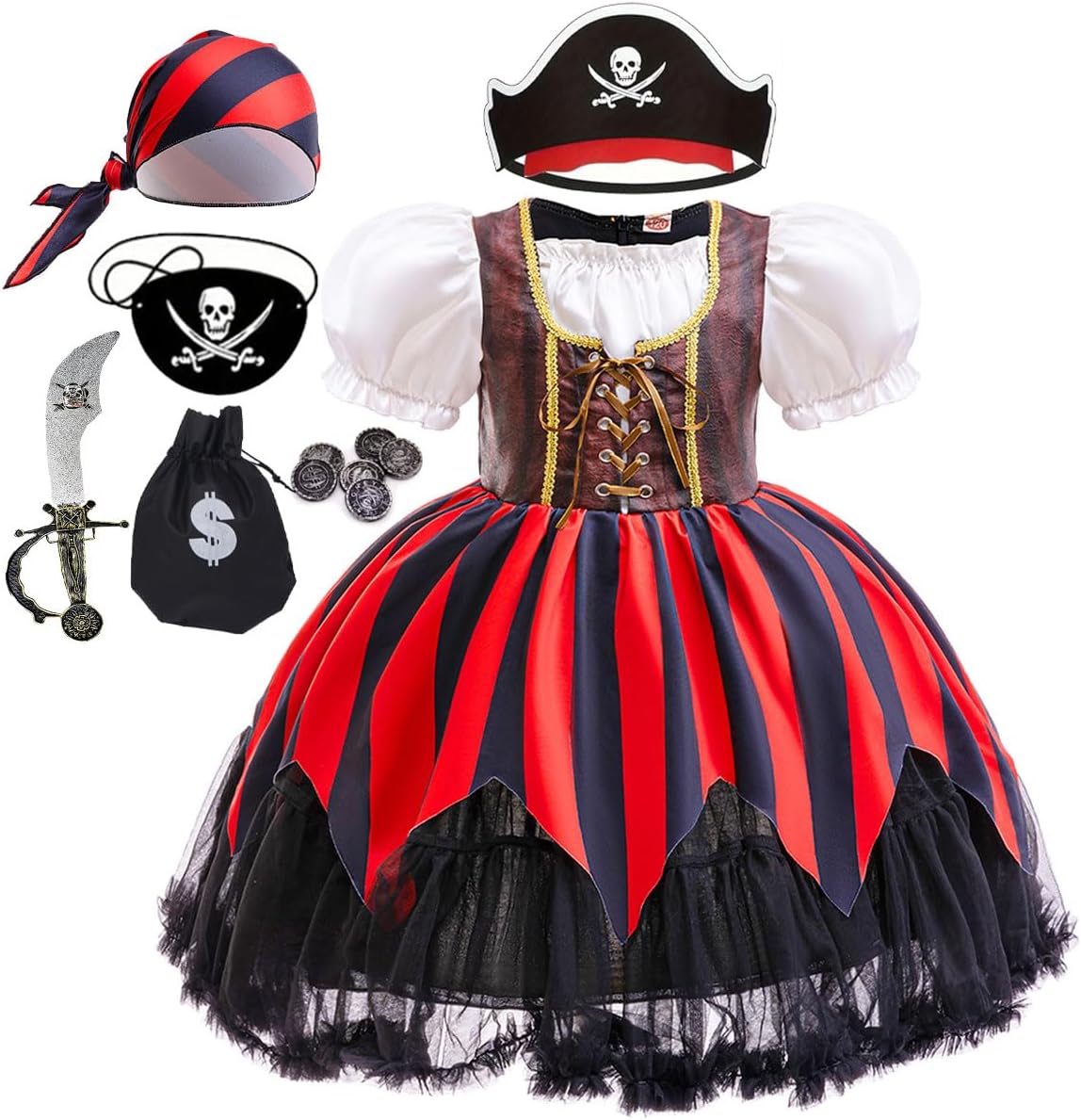 Girls Pirate Costume Kids Halloween Buccaneer Dress Up Cosplay Party Outfits with Accessories