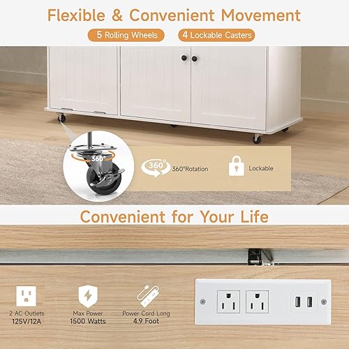 Miniatura 5 de Isla de cocina de 60 pulgadas con toma de corriente y hoja de caída, isla rodante de cocina con estante para especias y toallero, soporte para