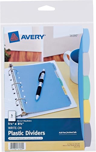 Avery 16180 Write & Erase Plastic Dividers, 5-Tab, 5 1/2 x 8 1/2