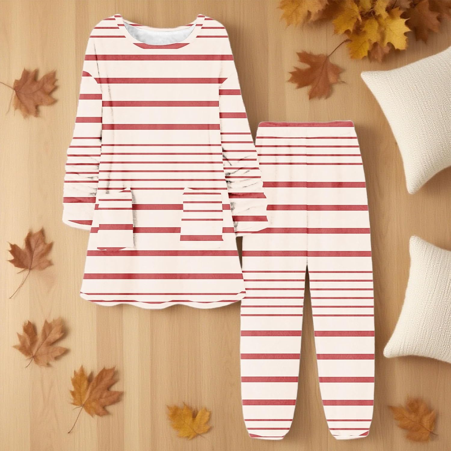 Womens 2 Piece Pajamas Set Stripe Tunic Tops with Pockets Long Pants Fleece Warm Thick Loungewear Sleepwear