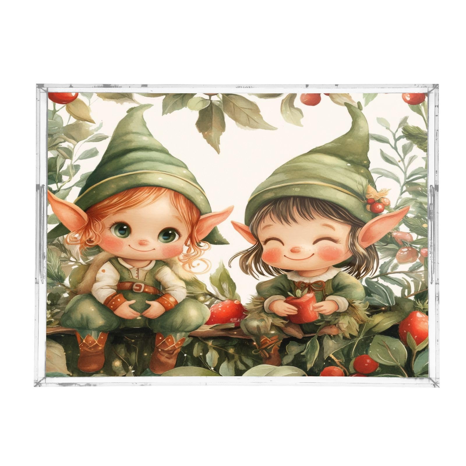 Msyxl Cute Elves Serving Tray for Coffee Table, Decorative Acrylic Tray Cute Elves Tray with with Handles for Breakfast, Ottoman, Countertop, 12x16 in