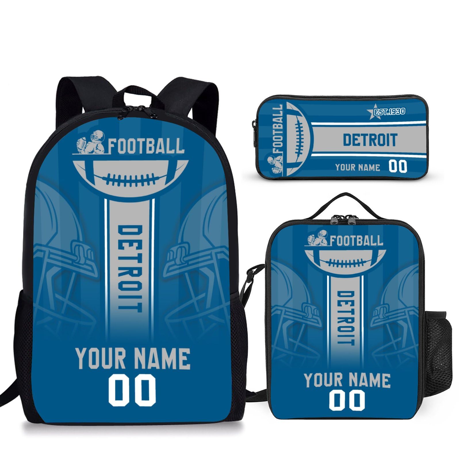 TNEQHQR Custom Detroit Backpack Lunch Bag Pencil Case 3pcs Bag Set Personalized Name Number Fan Gifts for Girl Boy Men Women