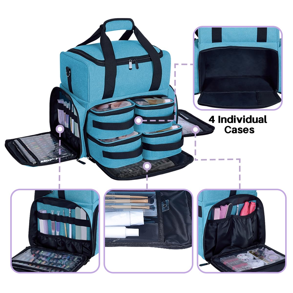 LANDFOBO Large Cosmetic Bag with 4 Removable Case Double Layer Travel Organizer Makeup Bag with Inner Dividers and Makeup Brushes Storage Section Lake Green