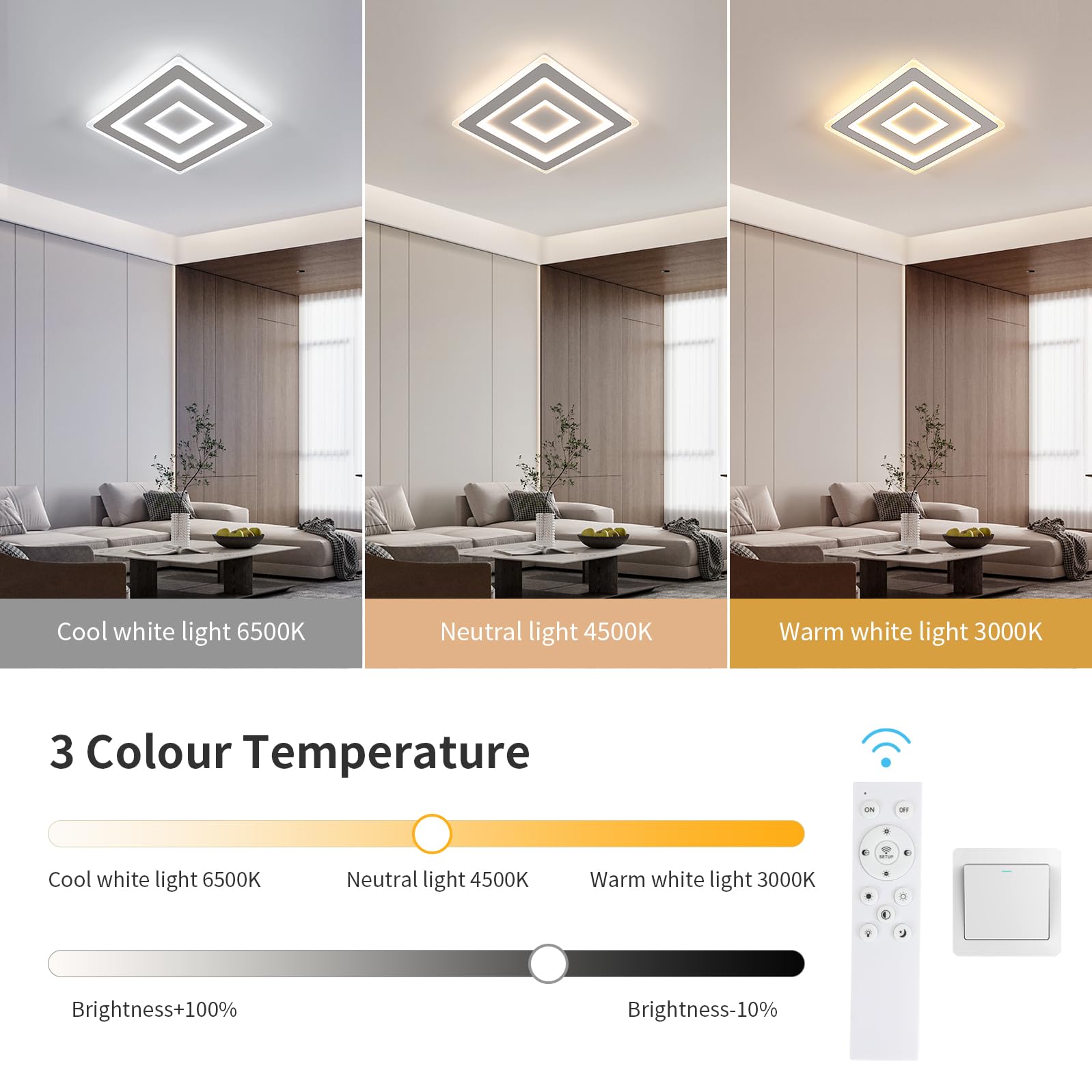 Comely Plafoniera LED Soffitto Dimmerabile 3000K-6500K con Telecomando, Bianco Quadrata LED Lampadario Soggiorno 52W 5850LM, Lampada da Soffitto per Camera da Letto, Soggiorno, Corridoio