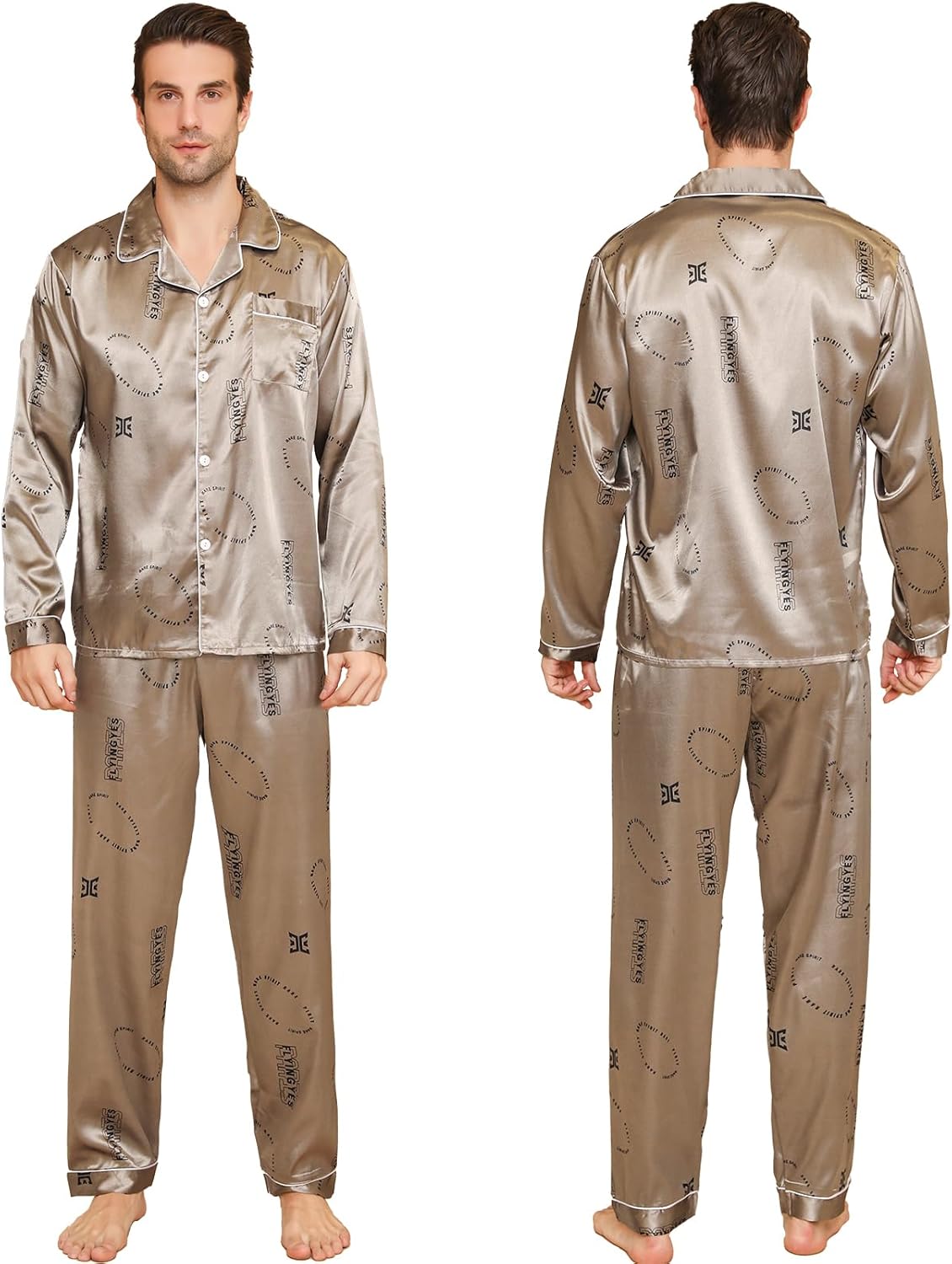 Mens Satin Pajama Sets color Pattern Long Sleeve Top and Long pants Silky Button Sleepwear