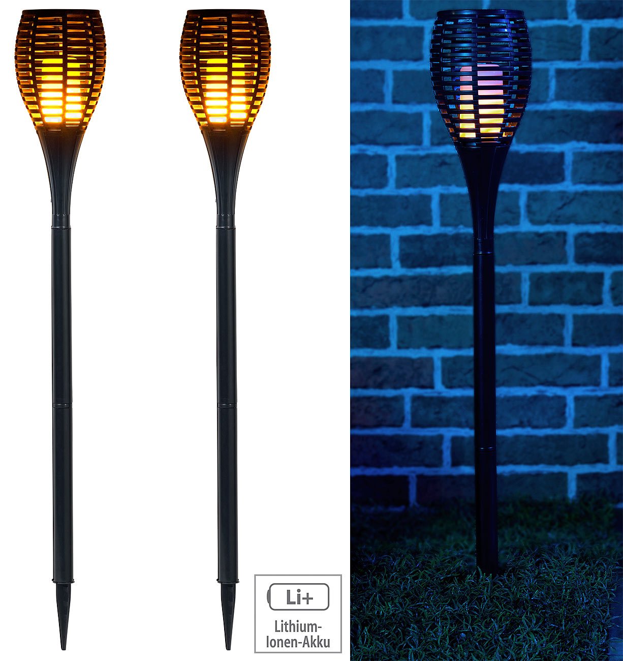Luminea Gartenfackel: 2er-Set LED-Gartenfackeln,realistisches Flammenflackern,2.000-mAh-Akku (Fackeln, LED Gartenfackel, Torch)