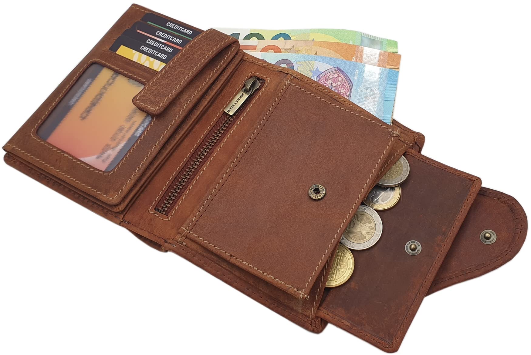 myledershop Portefeuille en cuir pleine fleur pour femme format portrait avec fermoir extérieur avec embossage de lianes ou sans embossage et protection RFID & NFC incl. kit de couture, cognac, Taille