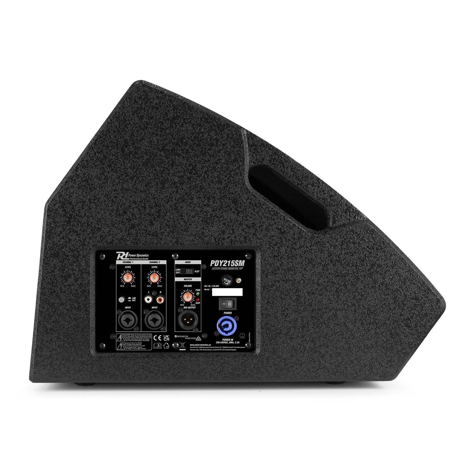 Power Dynamics PDY215SM Boden Monitor 800 Watt, aktiver Bühnen Monitor, Active Stage Lautsprecher- 400W RMS Bi-Amp 2-Way Wedge Speaker, integriertem Mixer für Live-Musik & DJ-Auftritte, Schwarz