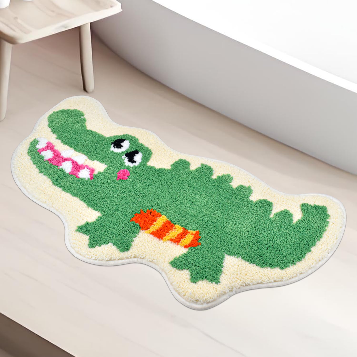 Vanleonet Crocodile Shaped Bath Mats for Bathroom Crocodile Print Rug Green Cartoon Cute Shower Mat Non Slip Absorbent