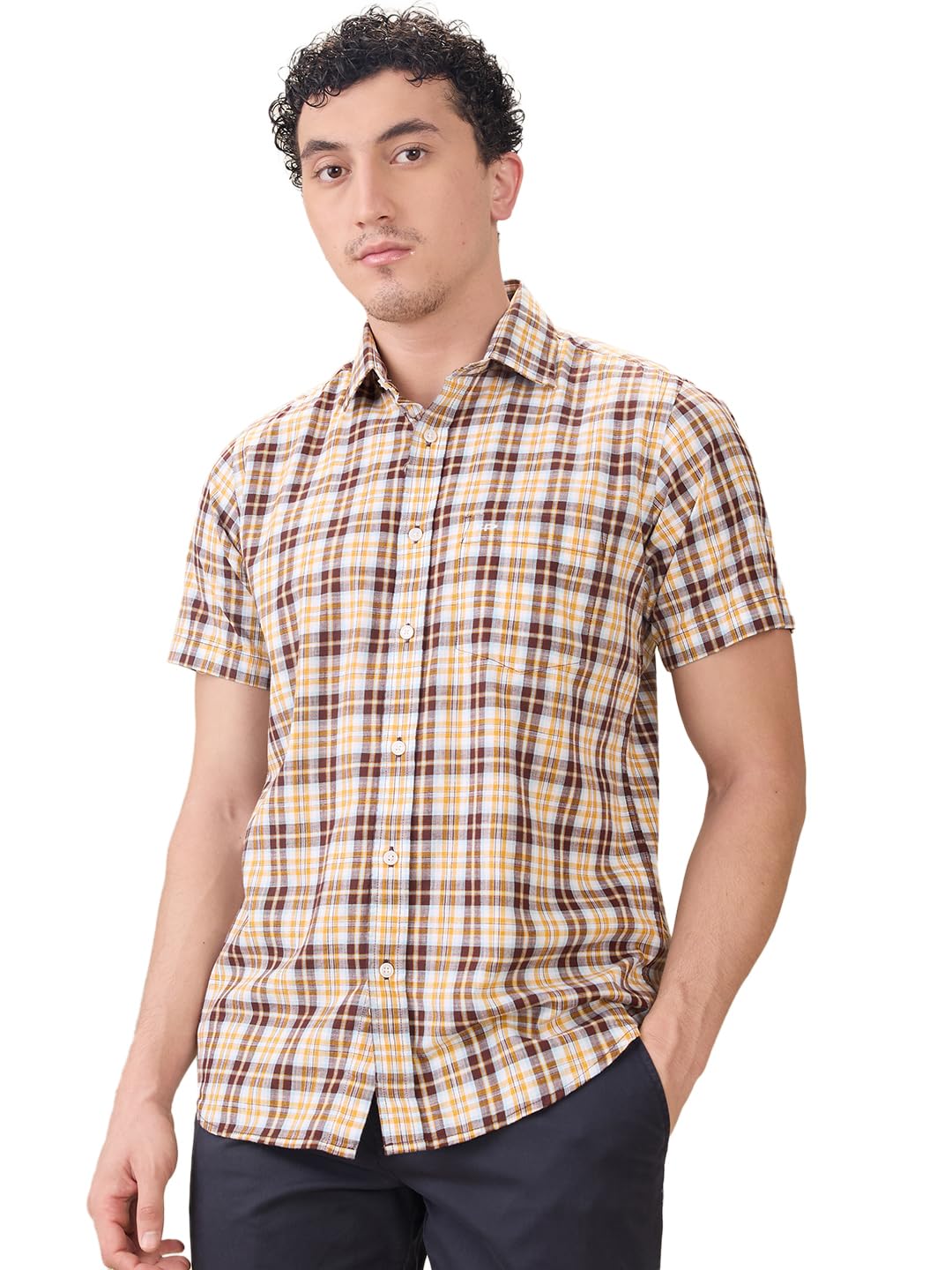 colorplus Men Regular Fit Checks Pattern Pure Cotton Plain Collar Half Sleeve Casual Shirt-picture-15