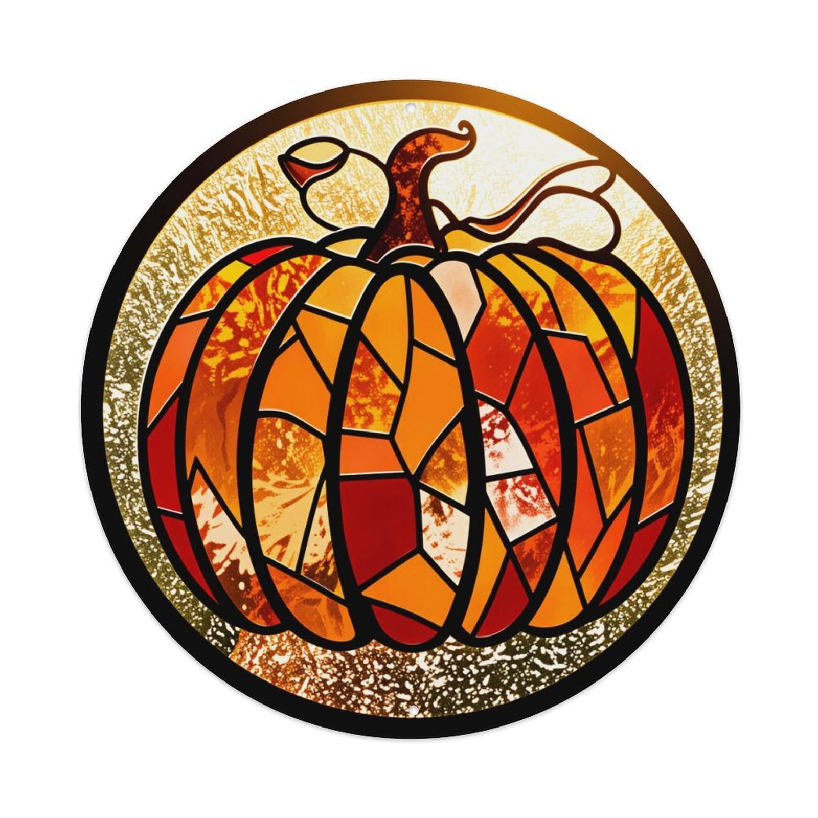 Stained Glass Pumpkin Autumn Design Round Tin Sign Vintage Metal Poster Retro Bar, Home, Man Cave, Kitchen, Laundry Room Wall Art Decor Gift 8x8In