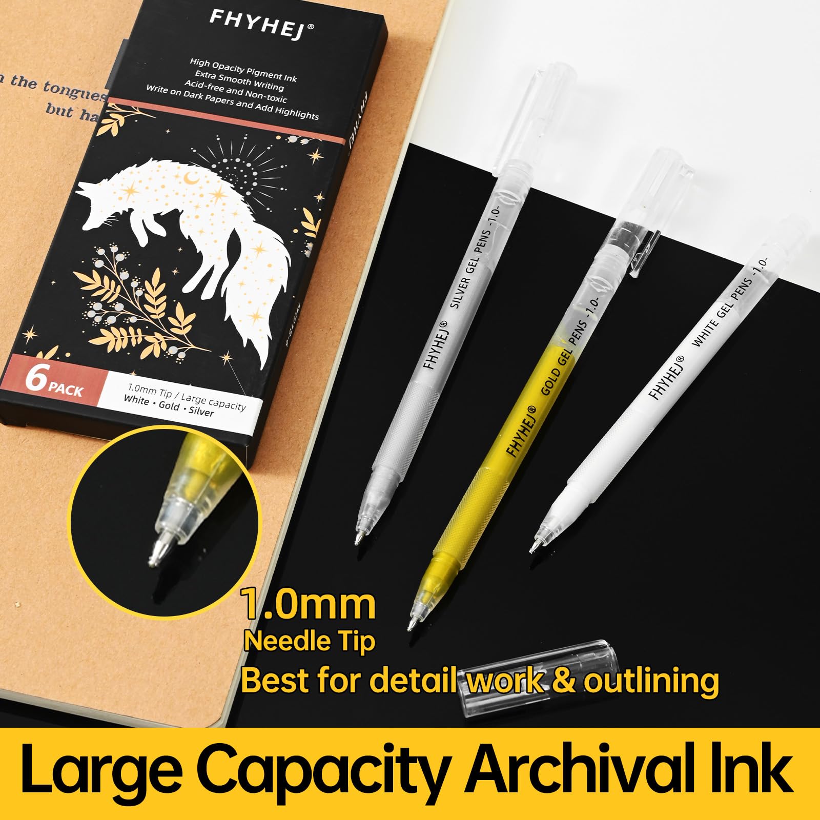 Fhyhej Gold Silver White Gel Pens 1 0mm Fine Point Gel Ink Pen Archival Ink Pens for Black — view 3