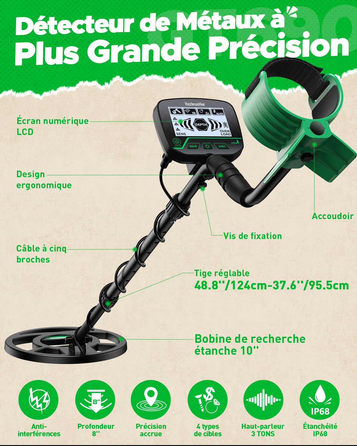 Detecteur de Metaux pour Adultes et Enfants, Haute Précision 10” Bobine Étanche, Modes Tous Métaux et Disc, Détecteur de Métaux pour Enfants et Détection d’Or pour Débutants, Juniors et Adolescents