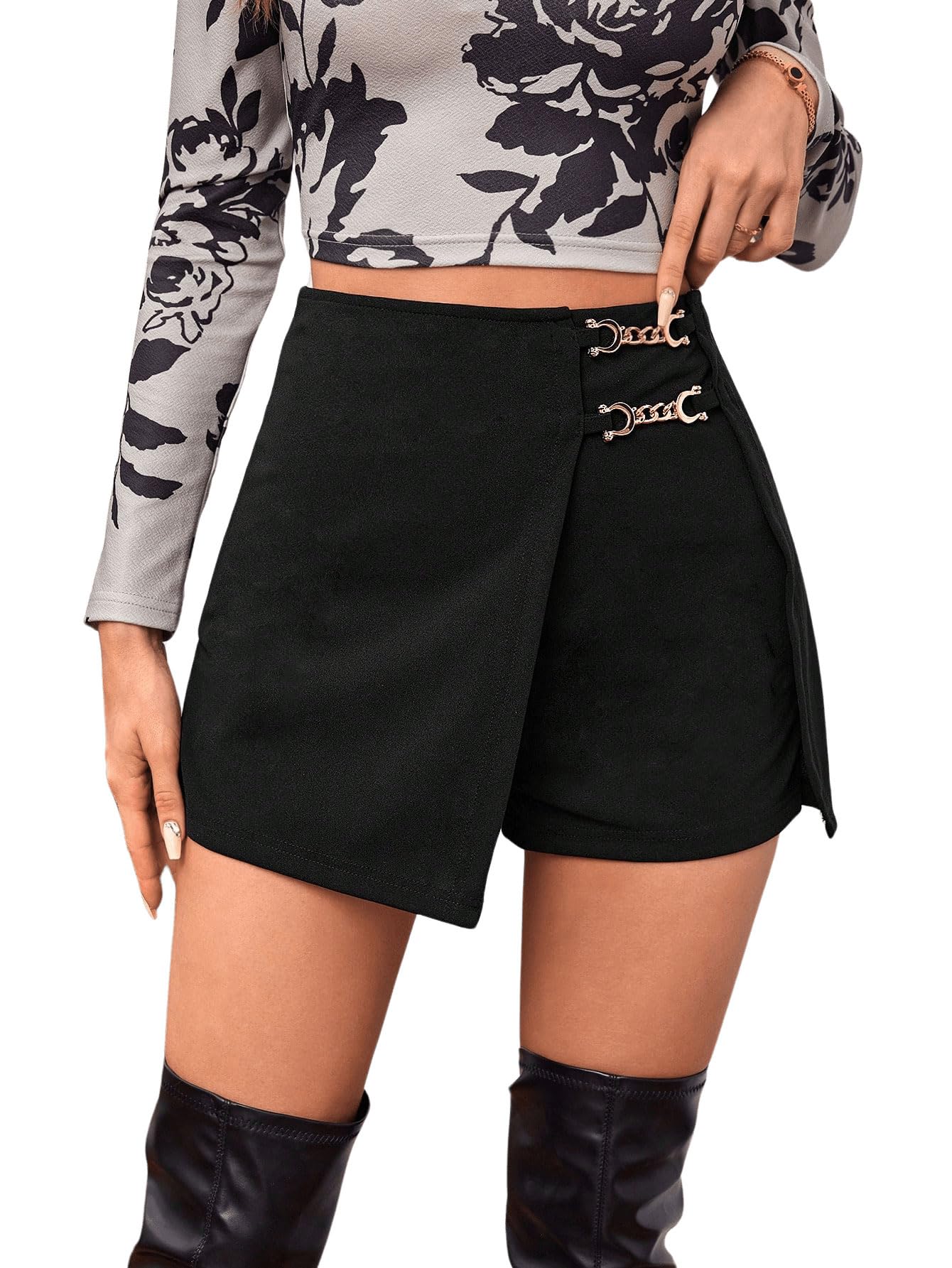GORGLITTER Hosenrock Mit Kette Damen Shorts Elegant Rock Mit Hose Drunter Kurze Hose Mit Rock