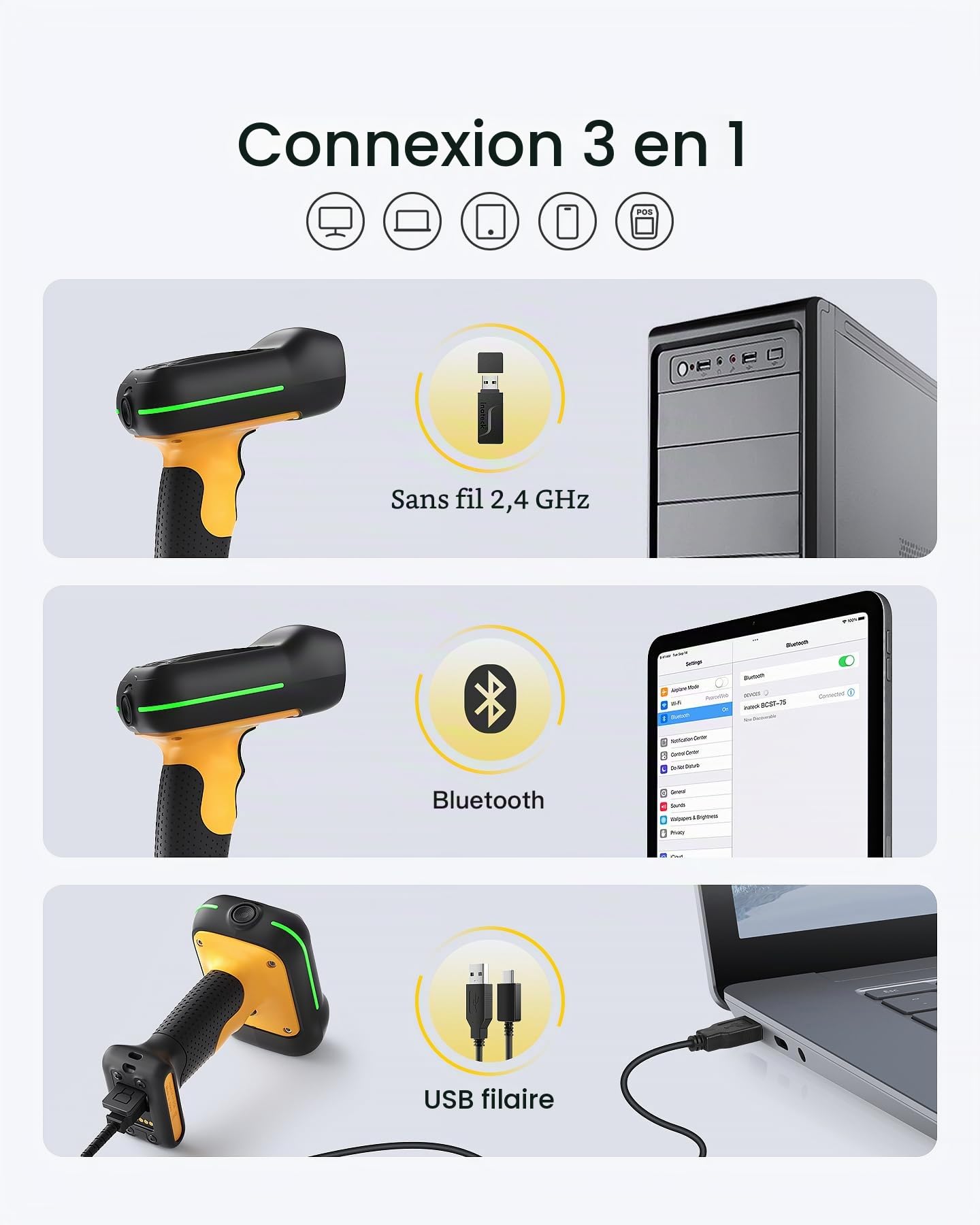 Inateck Scanner de Codes-Barres Industriel Bluetooth, Scanner de Codes 1D 2D QR sans Fil avec IP67 Étanche et Antipoussière, Handscanner avec Application et SDK, BCST-75