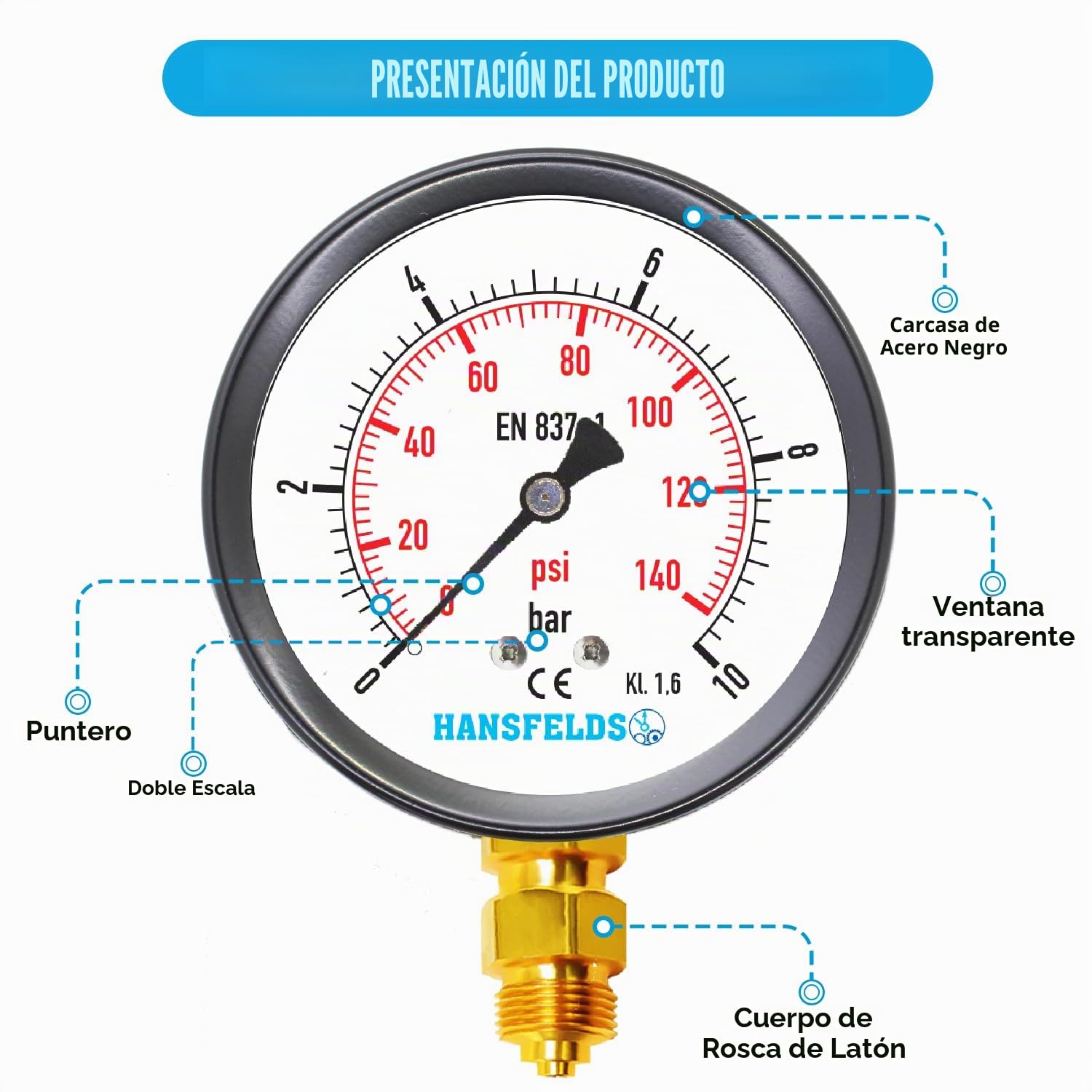 Manómetro de presión Hansfelds 0-10 bar doble escala bar/psi conexión inferior BSP latón vidrio