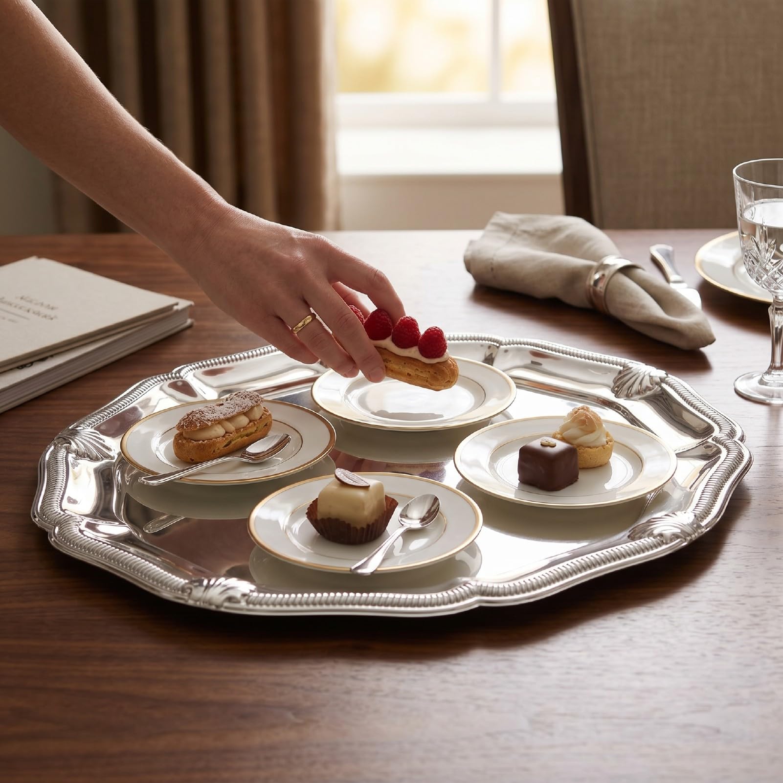Fdit Plateau de Service gravé en Argent, Plateau Polyvalent en Acier Inoxydable pour Gâteau, Dessert aux Fruits, Plat D'exposition de Bijoux pour Fête à Domicile
