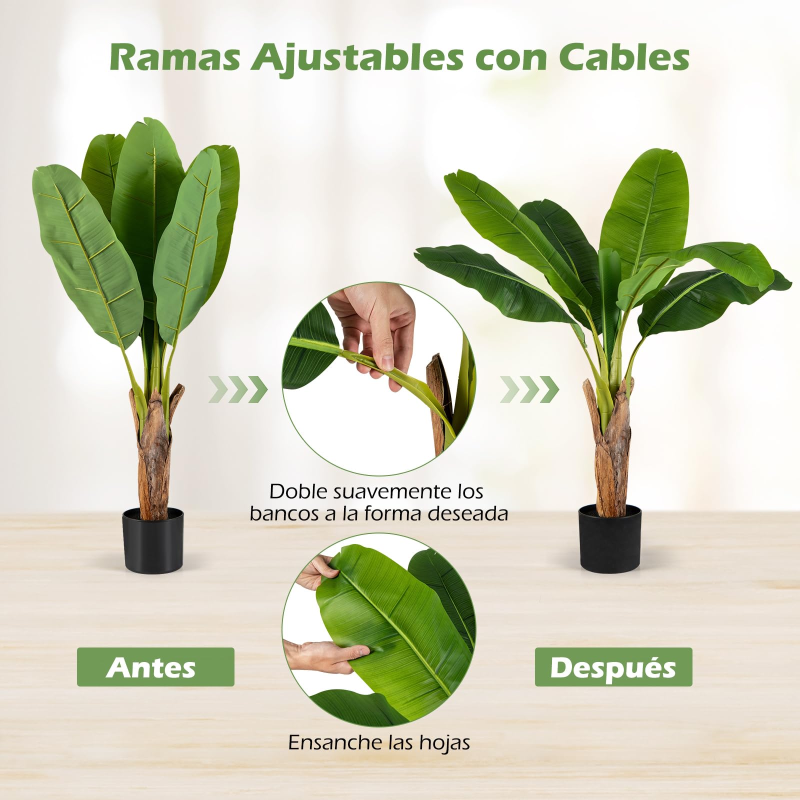 COSTWAY Juego de 2 Árboles Artificiales, 107 cm Plantas Artificiales Decorativos Ave del Paraíso con Hojas de Plátano y Ramas Ajustables con Maceta, Platanero Falsa de Interior para Salón Oficina