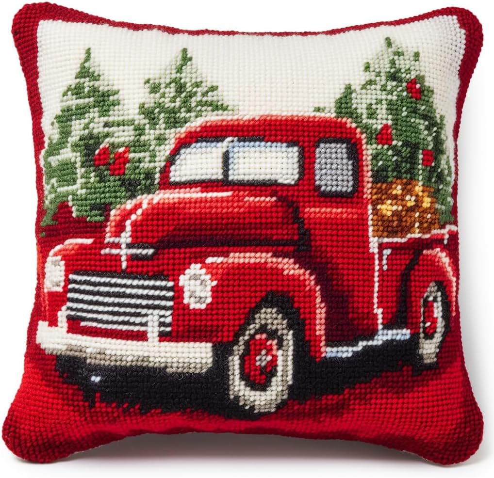 Red Truck in Fruit Latch Hook Pillow Kits Color Printed Embroidery Pillowcase DIY Crochet Yarn Hooking Craft Rug Cushion for Home Christmas Decor and Gift 43x43cm(2)