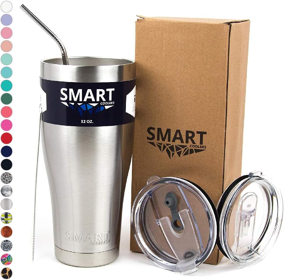 Smart Cooler 32 Oz. Sweat Free Ultra-Tough Double Wall Stainless Steel Tumbler Cup with Leak-proof Heavy Duty Tumbler Lids (Slide Lid & Flip Lid), Straw, & Cleaning Brush - Stainless Steel